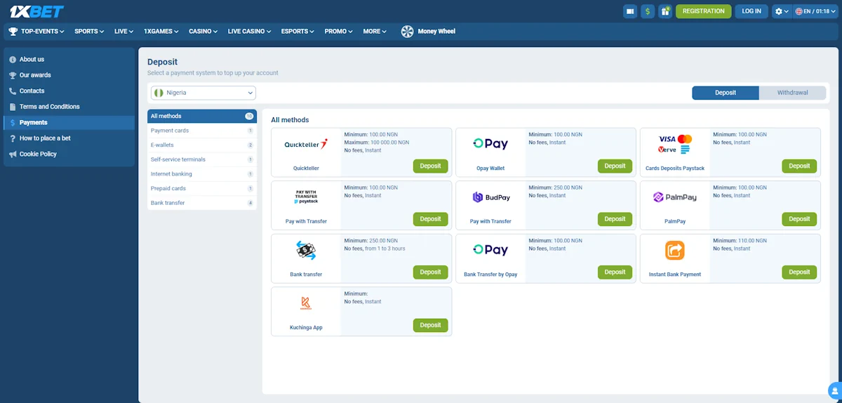 1xBet Payment Methods Screenshot